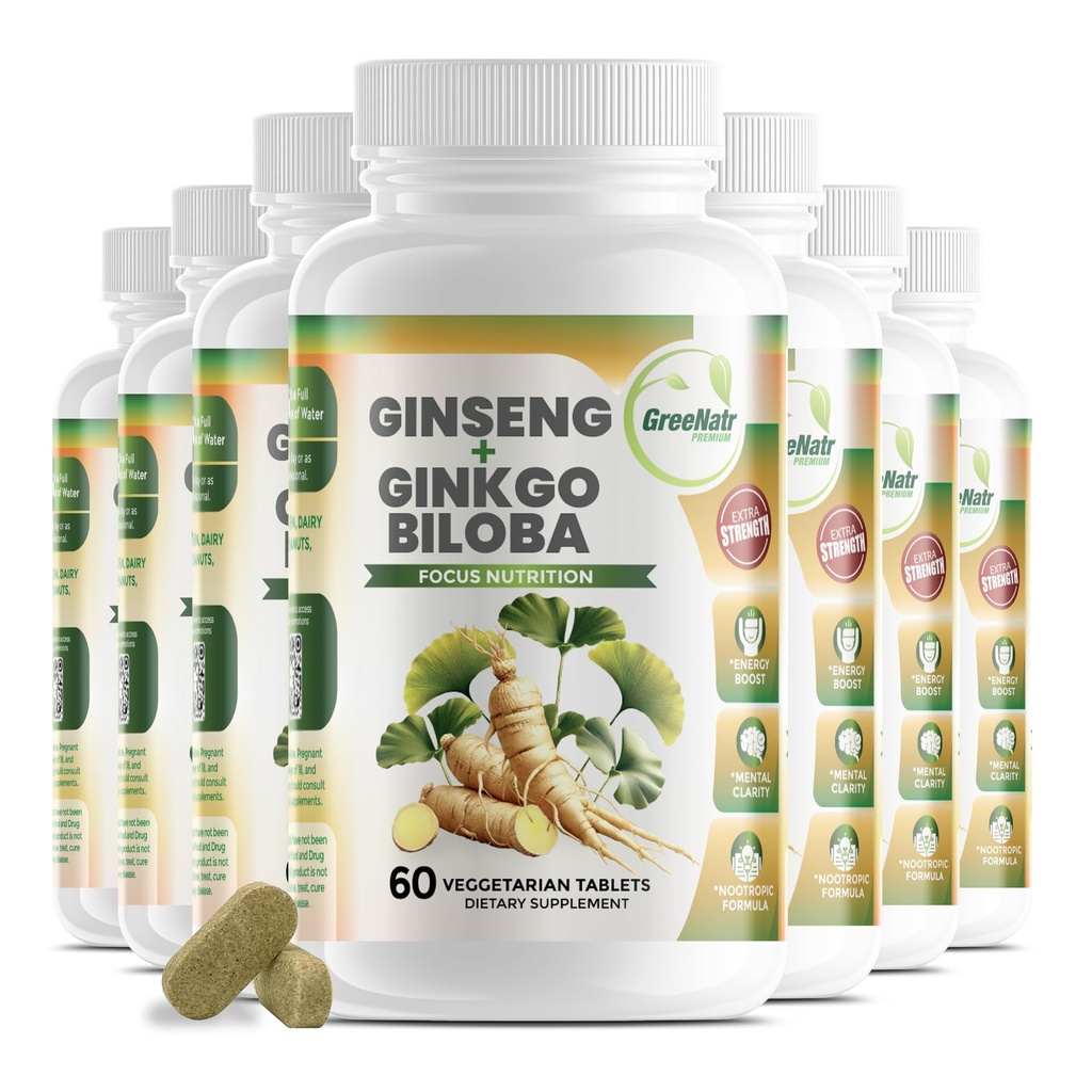 GreeNatr Ginko Biloba & Panax Ginseng Supplement - Red Ginseng Brain Supplement for Memory and Focus - Ginkgo Biloba Supplements for Good Vision, Immune System and Immune Immped Blood Flow - 12 Garrafas