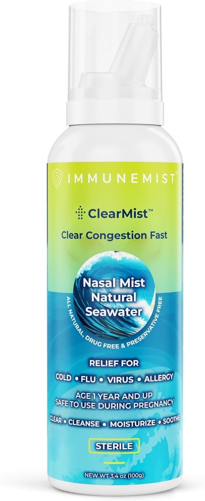 ClearMist Natural Seawater Nasal Spray para alívio de congestionamento, Hypertonic Salin Nasal Spray para nariz seco, hidratante Sinus descongestionante alívio para adultos e crianças fabricados na Suécia, seguro para idades 1+