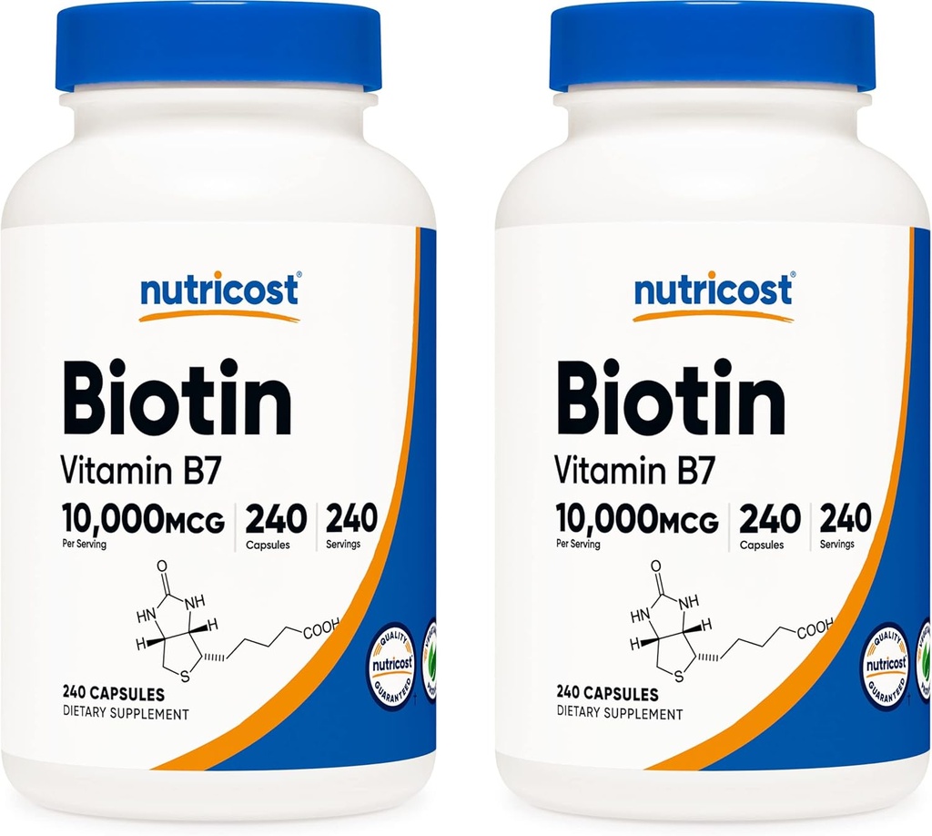 Nutricost Biotina (Vitamina B7) 10.000mcg (10mg), 240 cápsulas (2 garrafas) - Não-GMO, sem glúten