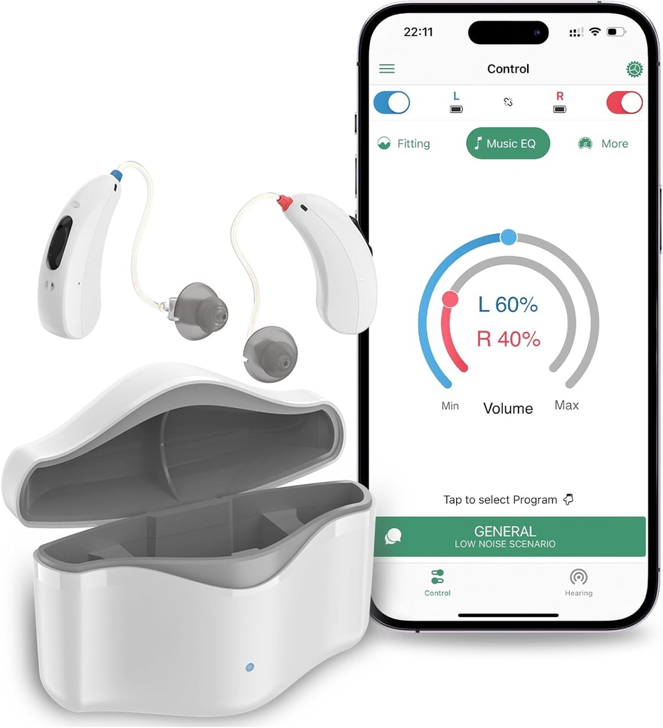 Aparelhos auditivos para idosos Recarregáveis, RIC 16 Channel Hearing Aid com Bluetooth para adultos, Aparelhos auditivos Sênior com cancelamento de ruído inteligente, Dispositivo Digital Hearing Aid com controle APP, Branco