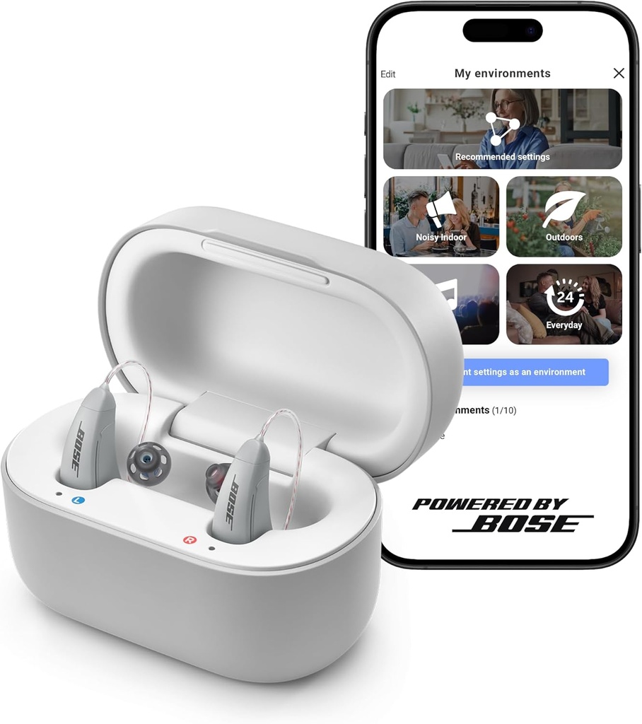 Lexie B2 OTC Hearing Aids Powered by Bose - Bluetooth Call Habilitado para iOS, recarregável com App Control, todo o dia Conforto. Solução auto-fit, redução de ruído, para perda auditiva leve a moderada (Gray)