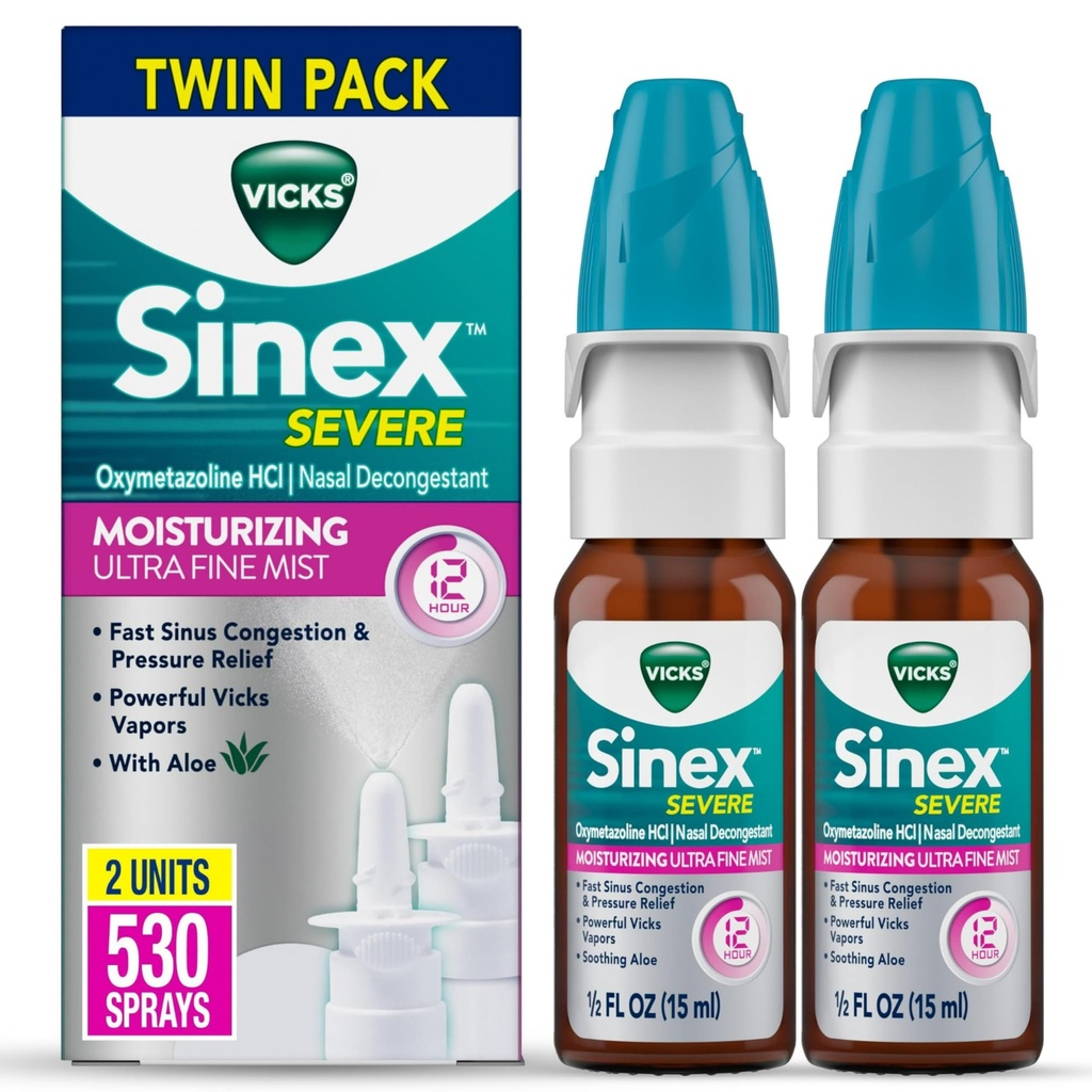 Vicks Sinex Severo Pulverização nasal, Hidratação Ultra Fine Mist com Aloe, Medicina descongestionante, Alívio de Nariz Recheado Devido a Frio ou Alergia, Congestão nasal e alívio da pressão sinusal, 265 Sprays x 2