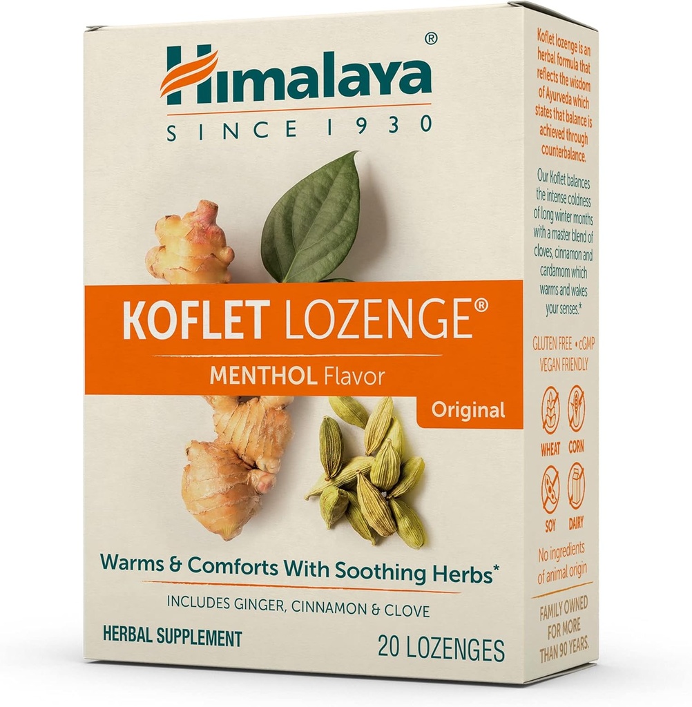 Himalaya Koflet Lozenges, Original sabor mentol, Natural Herbal Cough Drop para alívio quente e calmante Garganta Conforto, 130 mg, 20 Lozenges