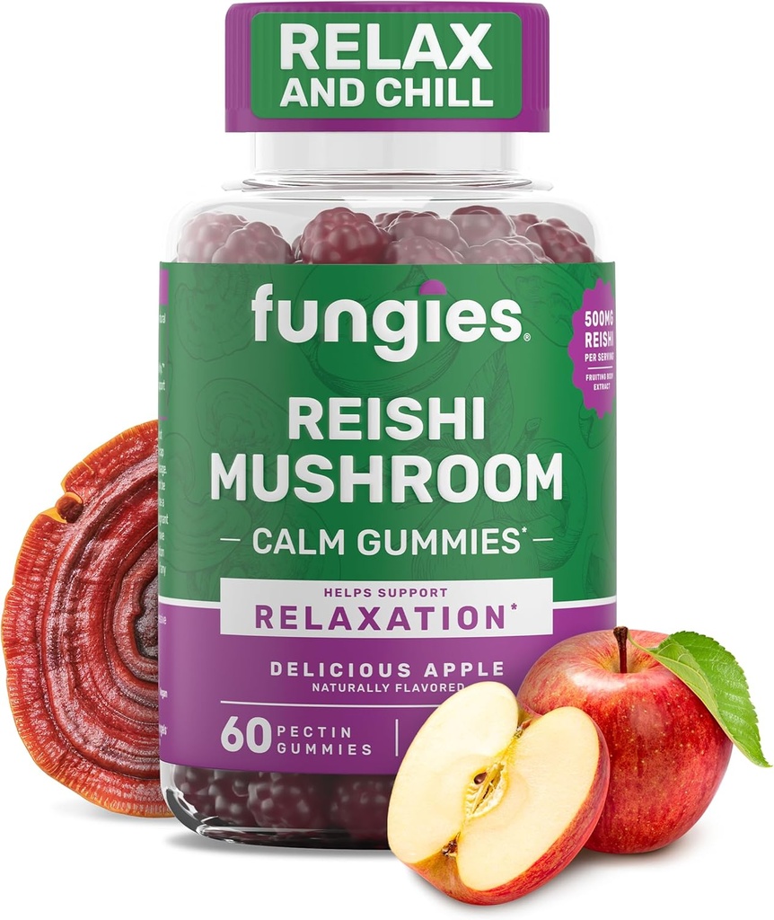 Fungies Chicletes de Cogumelo Reishi, Delicious Apple Flavor - Cogumelo Suplemento de ervas Gummy para adultos Suporta Saúde Imune, Relaxação e Envelhecimento Saudável - Pastilhas calmantes para dormir - 60 Servings