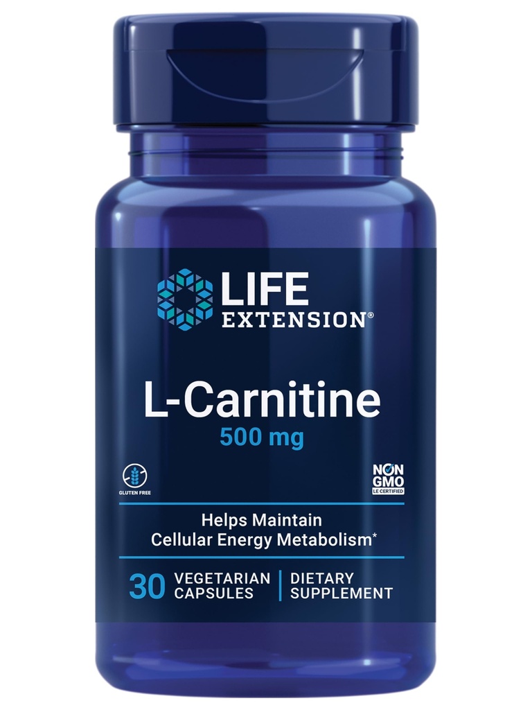 Extensão de vida L-Carnitina – 500 mg, Suplemento de energia, Suplemento de memória – Aminoácido de forma gratuita, Suporte de óxido nítrico, Pressão sanguínea saudável – Gluten-Free, Não-GMO, Vegetarian – 30 Cápsulas
