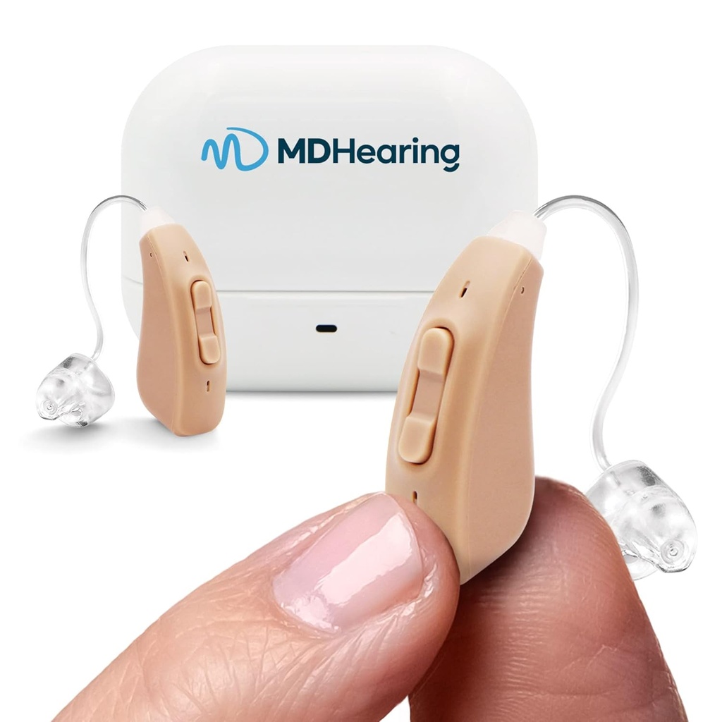 MDHearingAid AIR Hearing Aid (Pair), OTC recarregável, Cristal claro som digital por MDHearing, perfeito para óculos, quase invisível