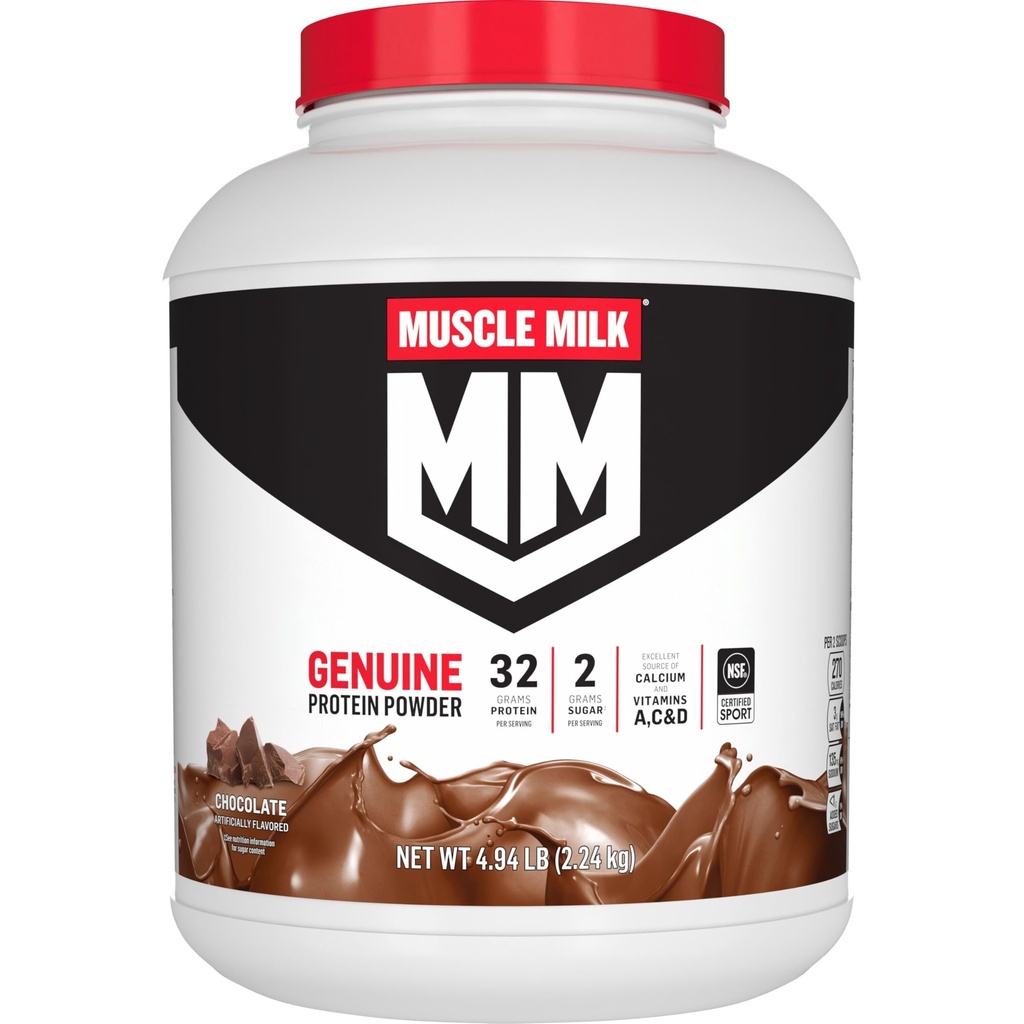 Leite Muscle Genuine Protein Powder, Chocolate, 4,94 Libra, 32 Servings, 32g Protein, 2g Açúcar, Cálcio, Vitaminas A, C & D, NSF Certified for Sport, Energizing Snack, Embalagem May Vary