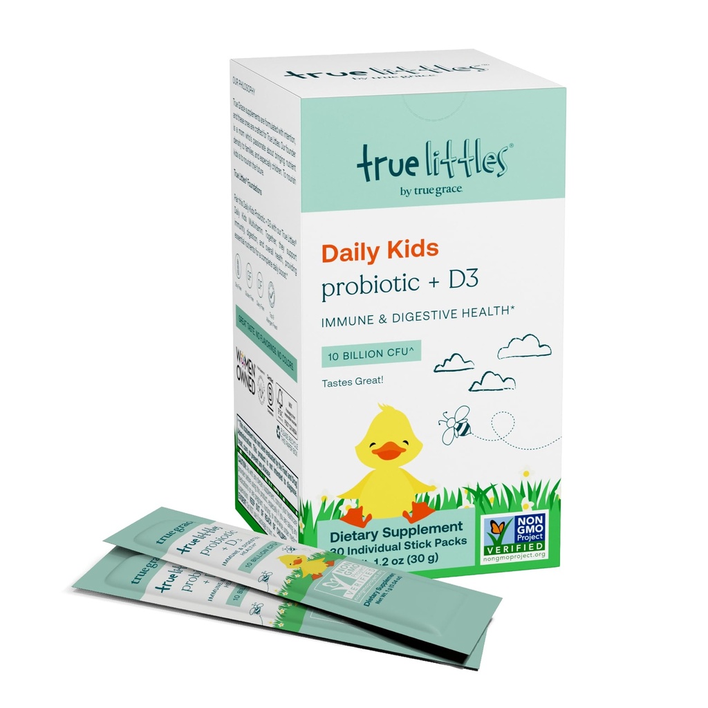 True Grace True Littles - 30 pacotes individuais de vara - Probiótico diário das crianças + Vitamina D3 para a saúde imunitária e digestiva - Gluten, Soy & Dairy Free - 30 Servings