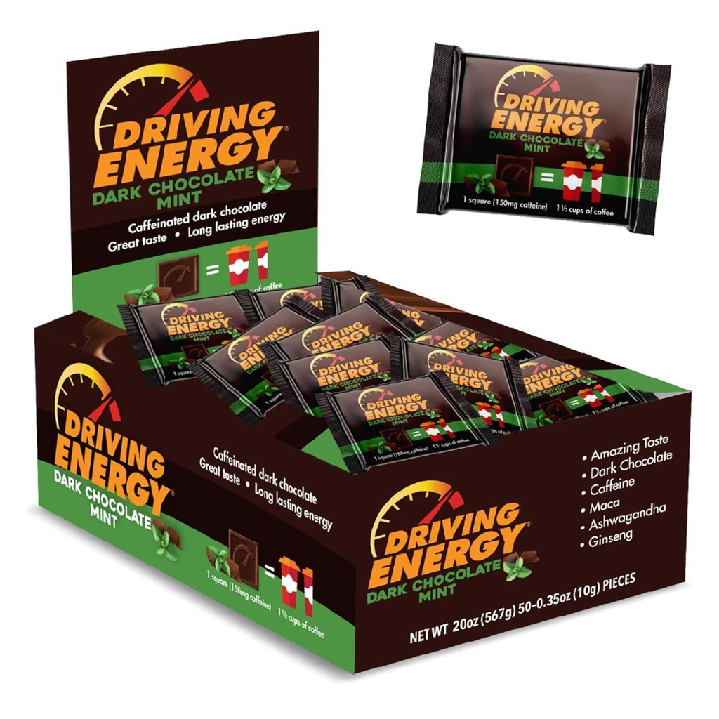 Energia de condução - Tamanho de mordida de energia cafeínada - Chocolate escuro Menta Energia Combustível com 150mg de cafeína - Long-Lasting Energia para o ginásio, treino, Adultos - Grande Gosto - Baixo Carbo - Snack saudável - 50 Conde