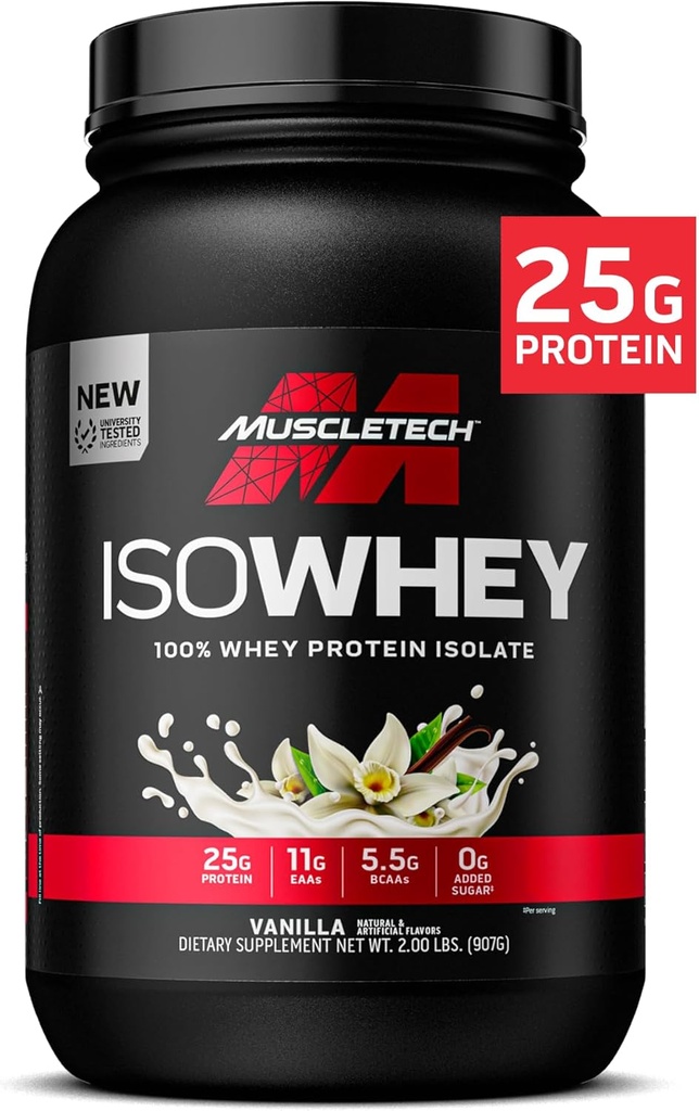 MuscleTech ISO Whey Isolate Protein Powder, Vanilla - Pós Treino Gym Supplement for Lean Muscle Gainer, Body Building Weight Gainer & Recovery - 25g Protein, BCAA, EAA & 0 Adicionado Açúcar - 2lbs