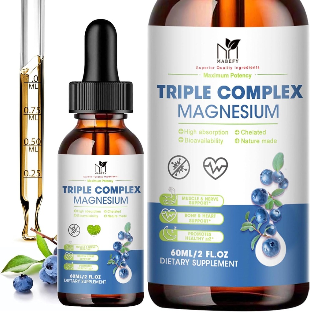 Magnésio Glicenato líquido gotas Suplemento complexo com taurate, Malate para a calma, Cães de perna, Energia – Magnésio Vegan sem açúcar e natural, Aroma de mirtilo
