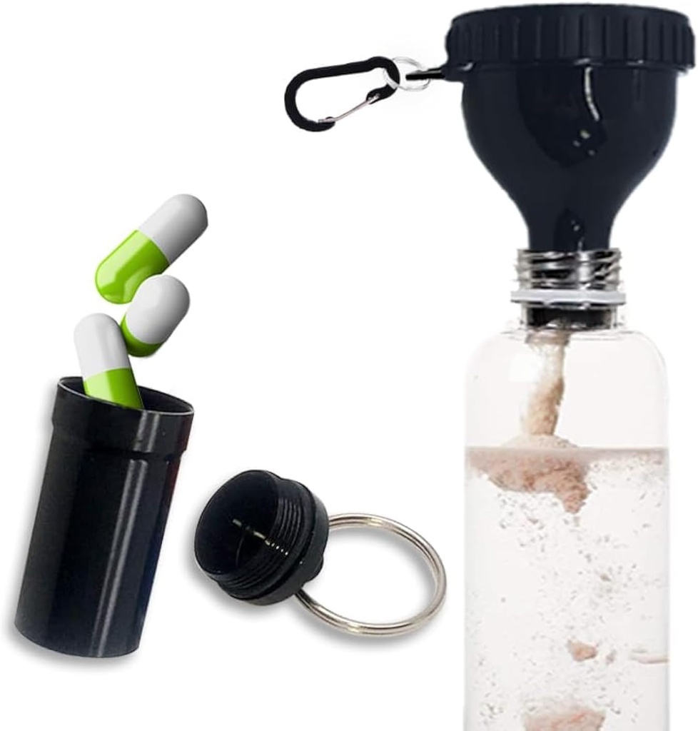 Protein Powder Container para ir Funil com liga de alumínio Mini Pocket Pill Box e Carabiner Clip Suplemento Funil com tampa para garrafa de água pré-treino Ginásio Mini Funis de viagem Shaker Cup