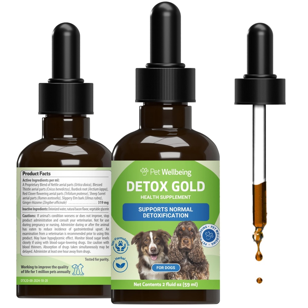 Bem-estar Pet Detox Ouro para Cães - Gentil Detoxificação & Eliminação Suporte, Imune Sistema de Cuidados, Nettle, Bem-Aventurada Thistle, Burdock Root - Veterinária-Formulada Suplemento de ervas 2 onças (59 ml)