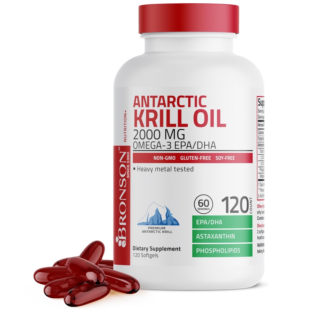 Bronson Antártico Krill Oil 2000 mg com Omega-3s EPA, DHA, Astaxantina e Fosfolipídios 120 Softgels (60 Servings)