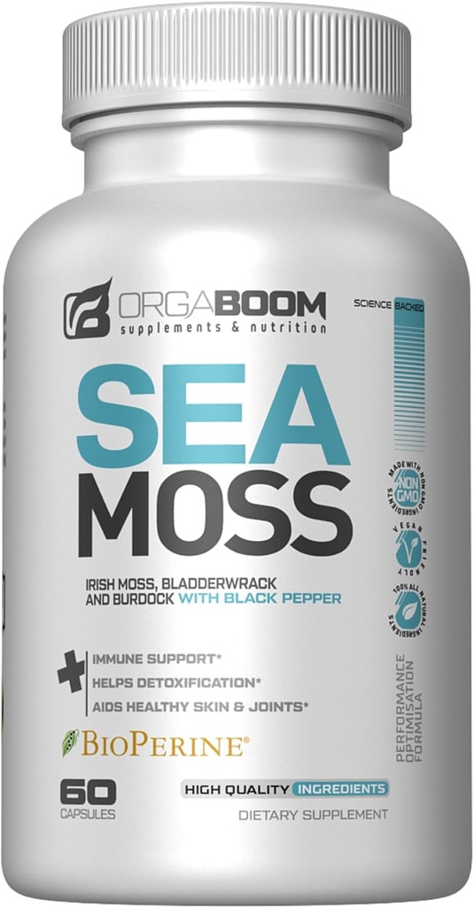Sea Moss Cápsulas Irish Sea Moss Supplement with Organic Burdock Root, Bladderwrack & Black Pepper □ Boost Energy, Detox & Imune Support □ Não-GMO, Vegan □ Made in USA - 60 Count