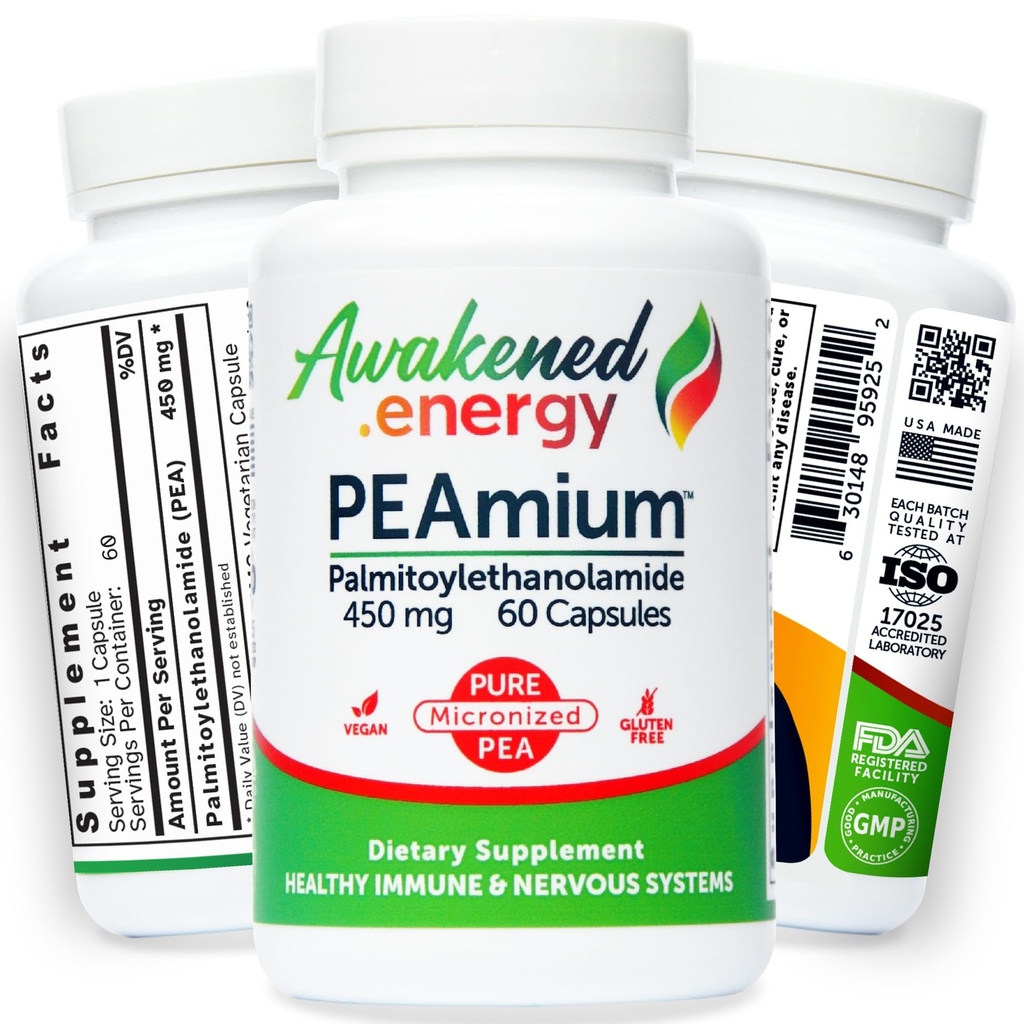 Palmitoiletanolamida 450mg Conforto Mobilidade Nervos Cognitivo & Imune Suporte - Micronizado Alta Absorção - Todos Natural Pea - EUA Made - Sem aditivos ou Excipientes - 60 Cápsulas Vegan Suplemento