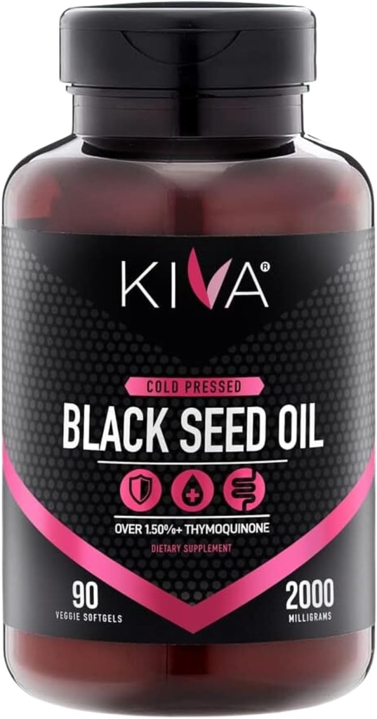 Kiva Black Seed Oil Softgel Cápsulas - Cold-Pressed (2000mg), 2%+ alta timoquinona (TQ), 100% Turco Nigella Sativa Seed Oil, 90 Vegan Softgels