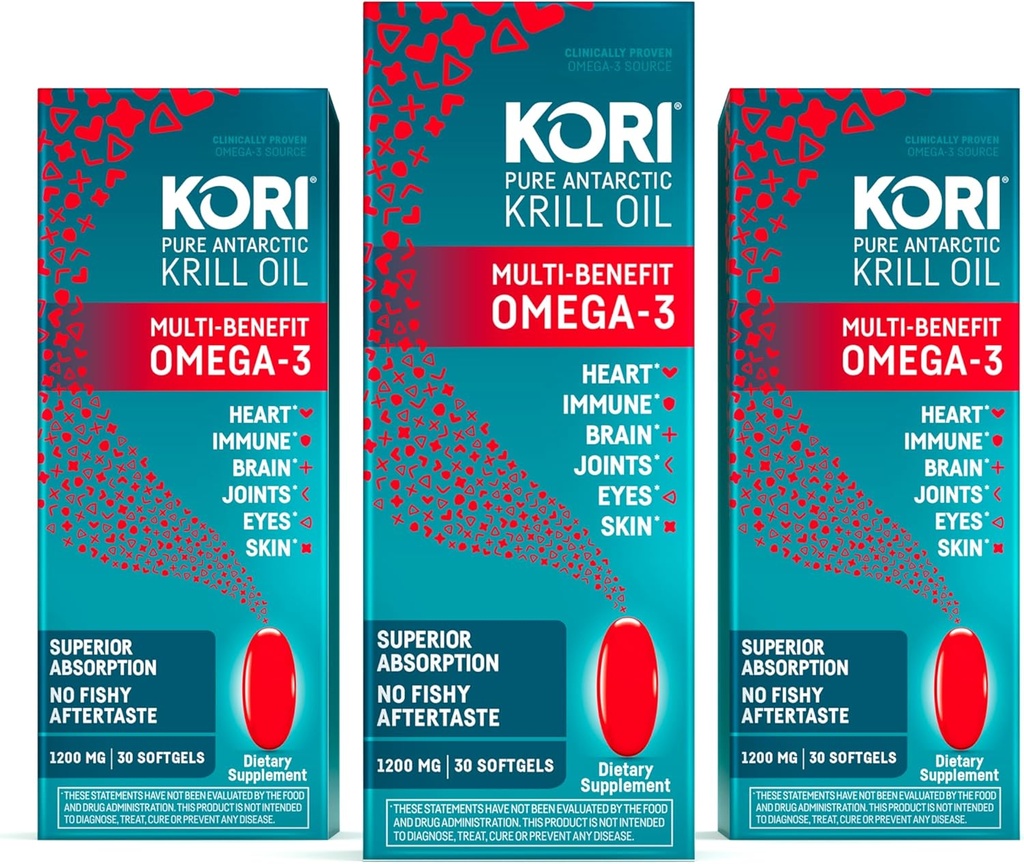Kori Krill Oil Omega 3 Suplemento, Antárctico Krill Oil com Absorção Superior vs Óleo de Peixe, 1200mg Softgels, 30 Softgels, EPA & DHA (Pacote de 3)