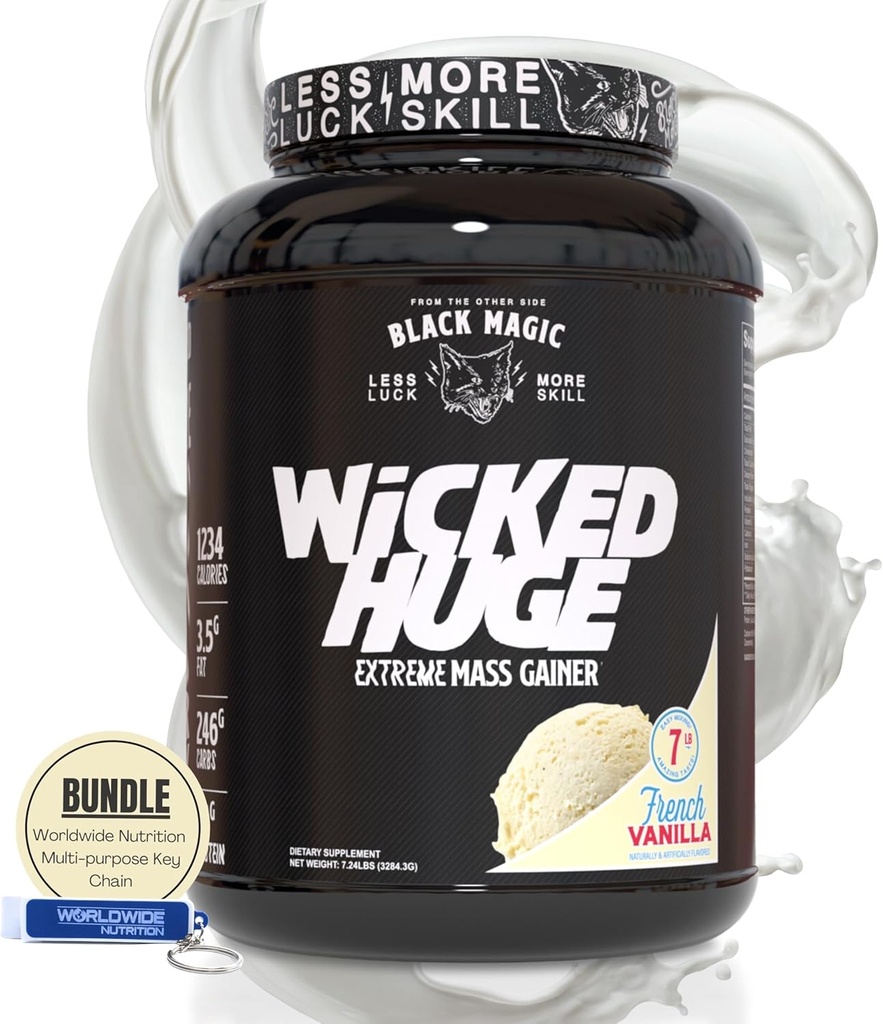 Worldwide Nutrition Bundle Compatível com Black Magic Wicked Enorme - Mass Gainer Francês Vanilla Flavor para apoio muscular e recuperação, 7.24 LBS Protein Powder Supplement com Keychain