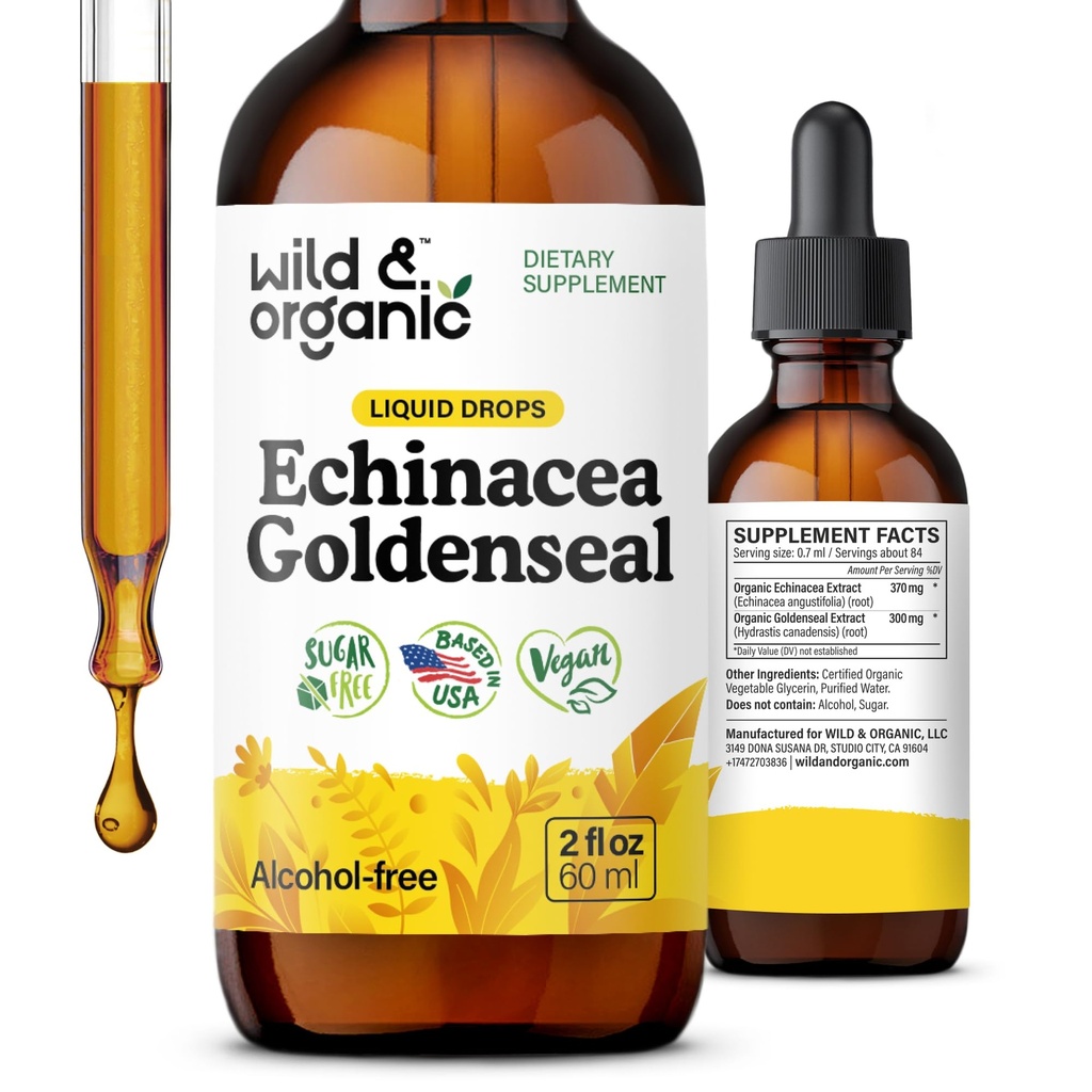 Wild & Organic Echinacea Goldenseal Liquid Drops - Imune Supplement w / Extrato de raiz de Echinacea Goldenseal - Vegan, Açúcar & Tintura sem álcool - 2 fl oz