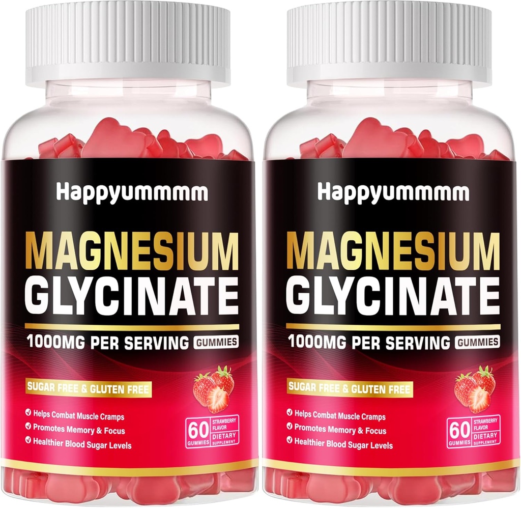 Glicerina de magnésio 1000mg - Suplemento de potássio de magnésio sem açúcar com vitamina D, B6, CoQ10 para calma humor e suporte ao sono - 120 gomas de morango