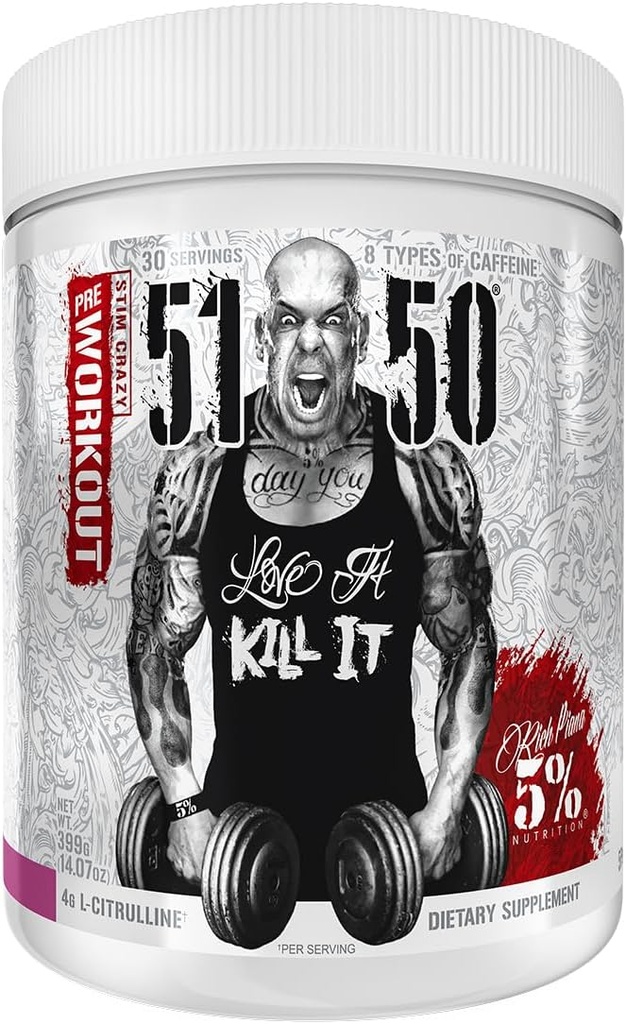 Rich Piana 5% Nutrição 5150 Pó de pré-treino de alta Stim em pó, Extrema Energia, Foco, Bombas e Endurance, 400 mg Cafeína, Citrulina, Beta Alanine, N-Acetil L-Tirosina, 30 Srvgs (Wildberry)
