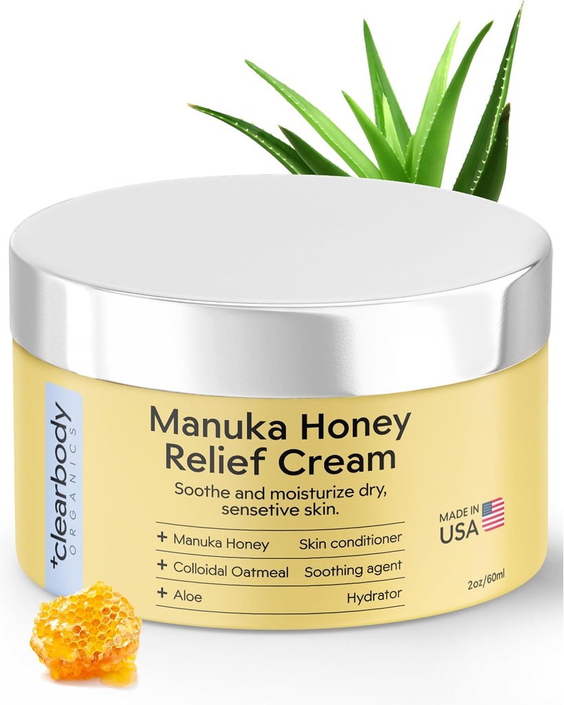 Clearbody Organics Manuka Honey Cream - 2 fl oz, pacote de 1 - calmante Eczema Creme - hidratação profunda com farinha de aveia coloidal - alívio instantâneo de Manuka para pele seca, coceira