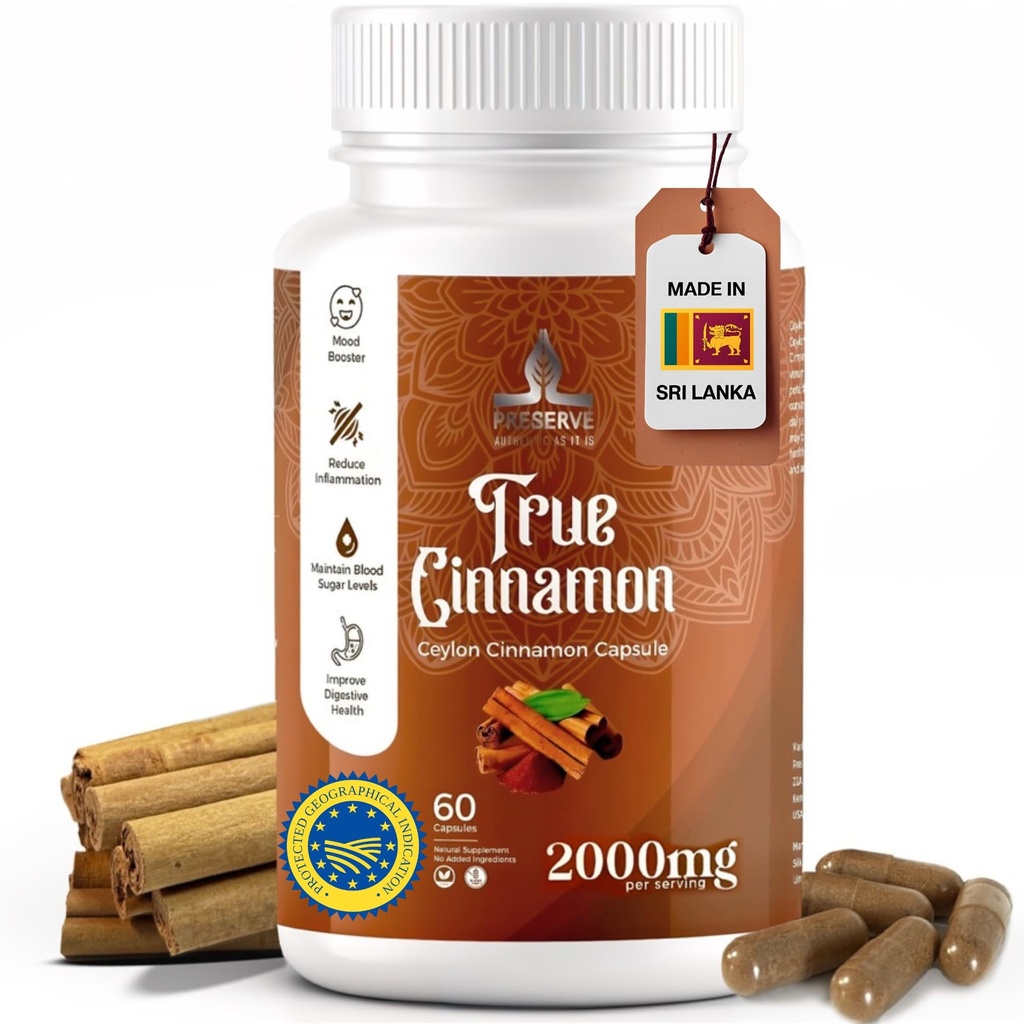 Cápsulas de Canela de Ceilão Pura, 2.000mg, Suplemento de Dois Meses □ Made in Sri Lanka, Non-GMO, Gluten-Free, True Cinnamomum from Sri Lanka, 100% Pure Cinnamon (NOT Mix with Cassia).