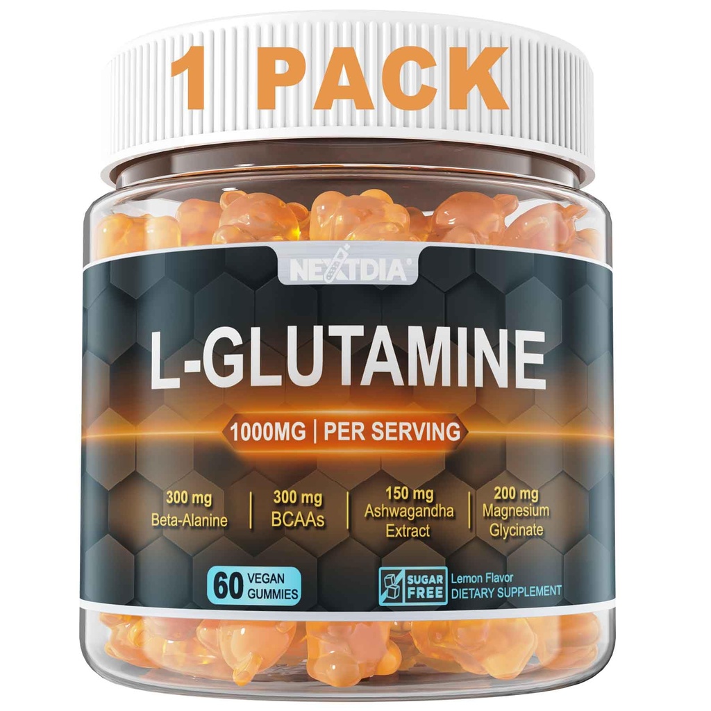 L-Glutamina 1000mg Gummies para Mulheres & Homens com Beta-Alanine, BCAAs, Glicinato de Magnésio, Potássio & Ashwagandha