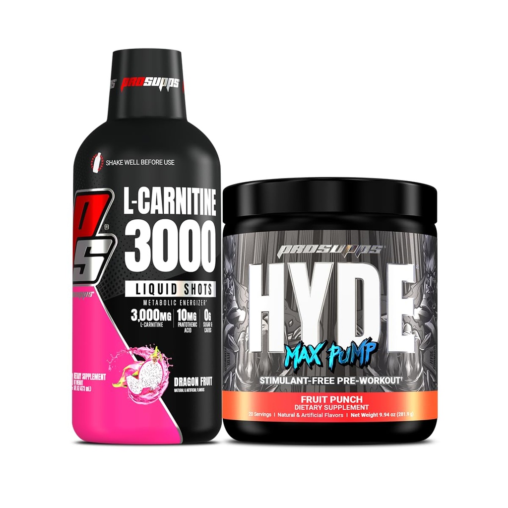 PROSUPPS L-Carnitine 3000 Estimulante Free Liquid Shots (fruto dragão) e Hyde Max bomba pré-treino para homens e mulheres (Fruit Punch) Bundle