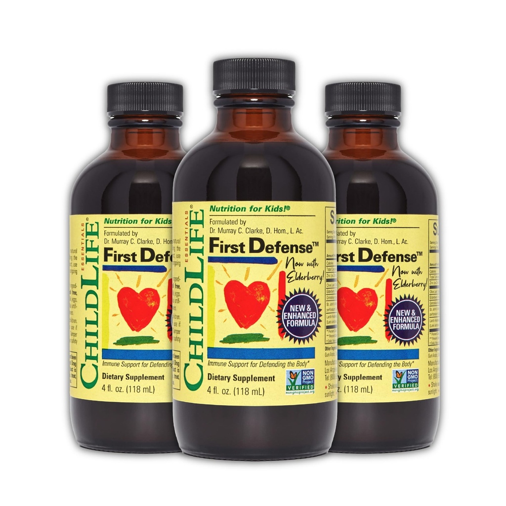 ESSENCIAIS FILHOS Primeira Defesa - Crianças Suporte Imune, Suporte Imune para Crianças, Crianças 1-3, Bebês 6 meses+, Syrup Vitamina com Elderberry, Zinco, Não GMO, Gluten Free - 4 Fl Oz (Pacote de 3)