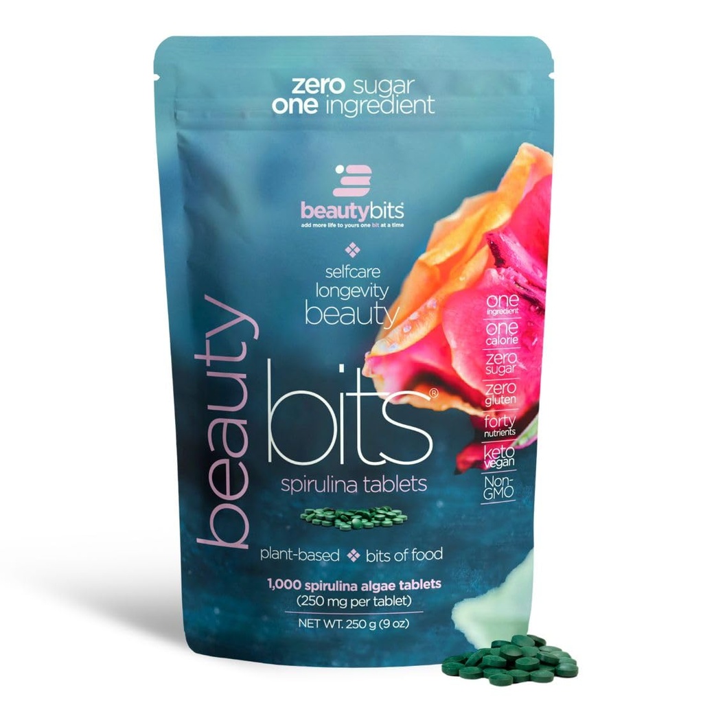 BEAUTYbits - Comprimidos de espirulina orgânica - Superalimento de algas - Colágeno, proteína, clorofila - Cabelo, unhas, & cuidados com a pele - Vegan, Keto, Gluten Free - Self Care - presentes de beleza de cuidados de pele - 1000 saco de comprimidos