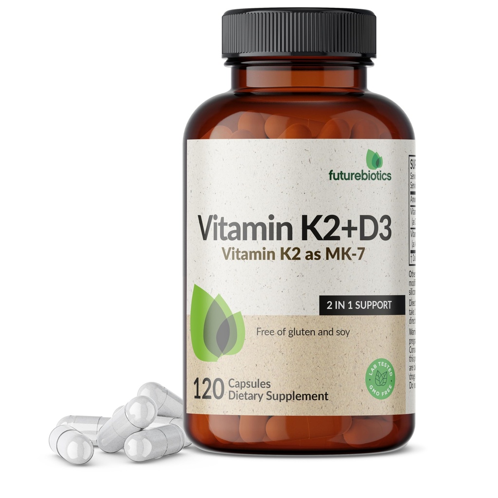 Futurebiotics Vitamina K2 (MK7) com Suplemento D3 - Fórmula não-GMO - 5000 UI Vitamina D3 e 90 mcg Vitamina K2 MK-7, 120 Cápsulas Vegetarianas
