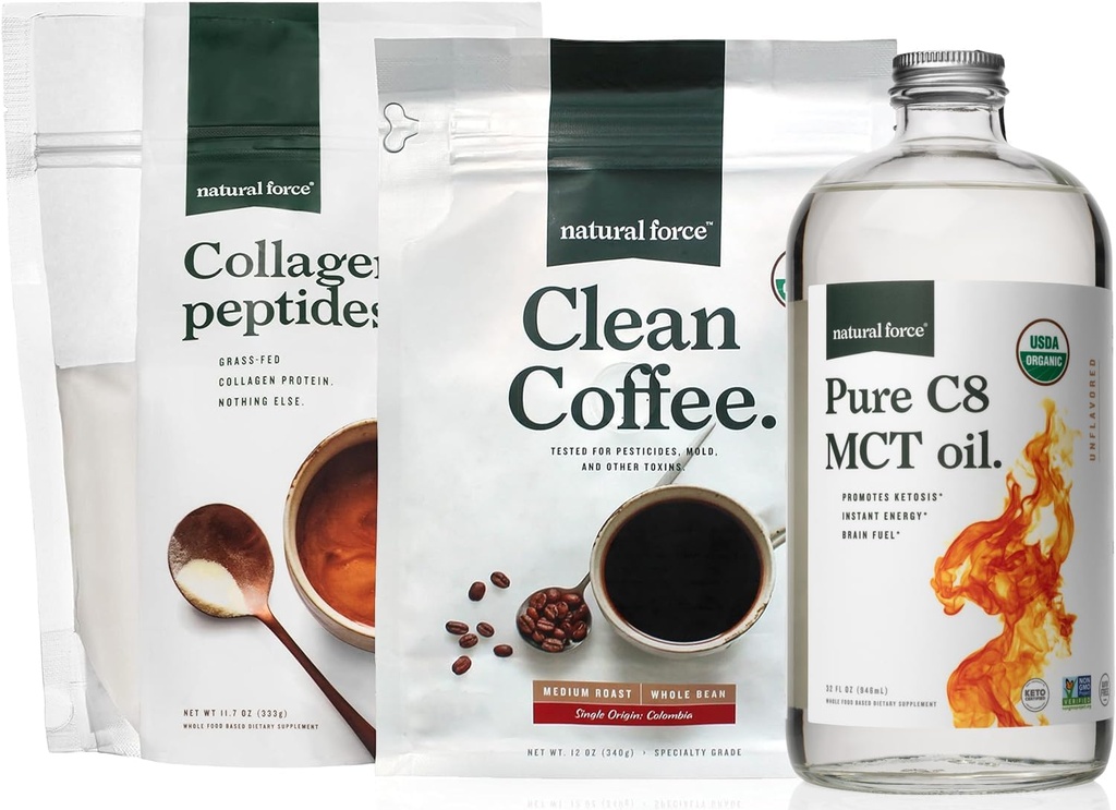 Natural Force Organic Clean Coffee, Colágeno Peptides, e Pure C8 MCT Oil Bundle – Toxin Free Coffee, Grass Fed Collagen, & MCTs - Non-GMO, Keto, & Paleo - 12 Oz, 11,7 Oz, 32 Oz