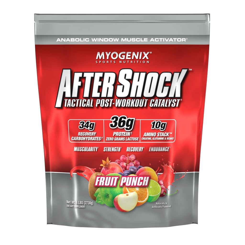 Myogenix Aftershock pós treino — Crescimento muscular Whey Protein Powder — Acelera o crescimento muscular e recuperação — Apoia a saúde conjunta e replenifica Glicogen — Fruit Punch, 6 lbs