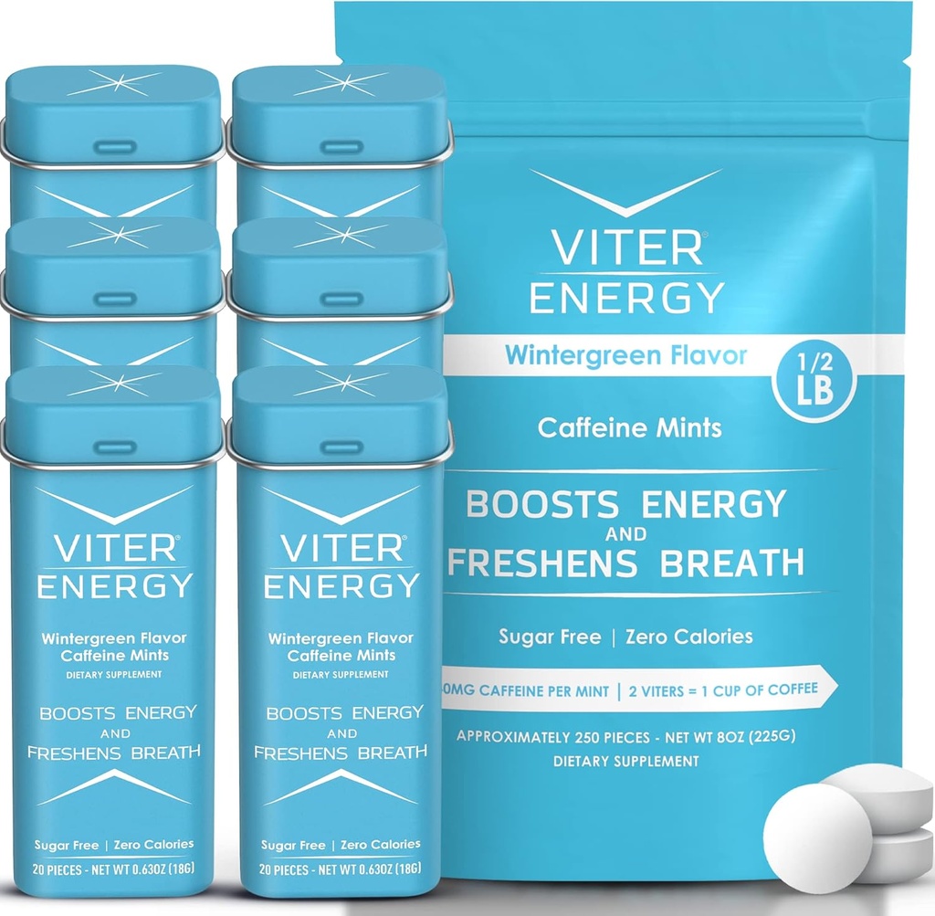 Viter Energy Original Caffeine Mints Wintergreen Flavor 6 Pack and 1/2 Pound Bulk Bag Bundle - 40mg Caffeine, B Vitaminas, Açúcar livre, Vegan, Poderoso impulsionador de energia para foco e alerta