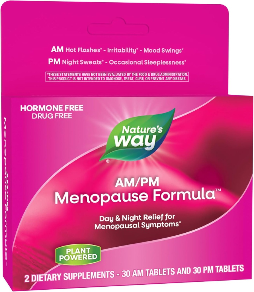 Nature's Way AM/PM menopausause Supplements for Women, Hot Flash Relief*, Night Sweats*, Restful Sleep*, Mood Swings*, Fórmulas sem hormônios com Black Cohosh, Theanina, Valerian, 60 Tablets