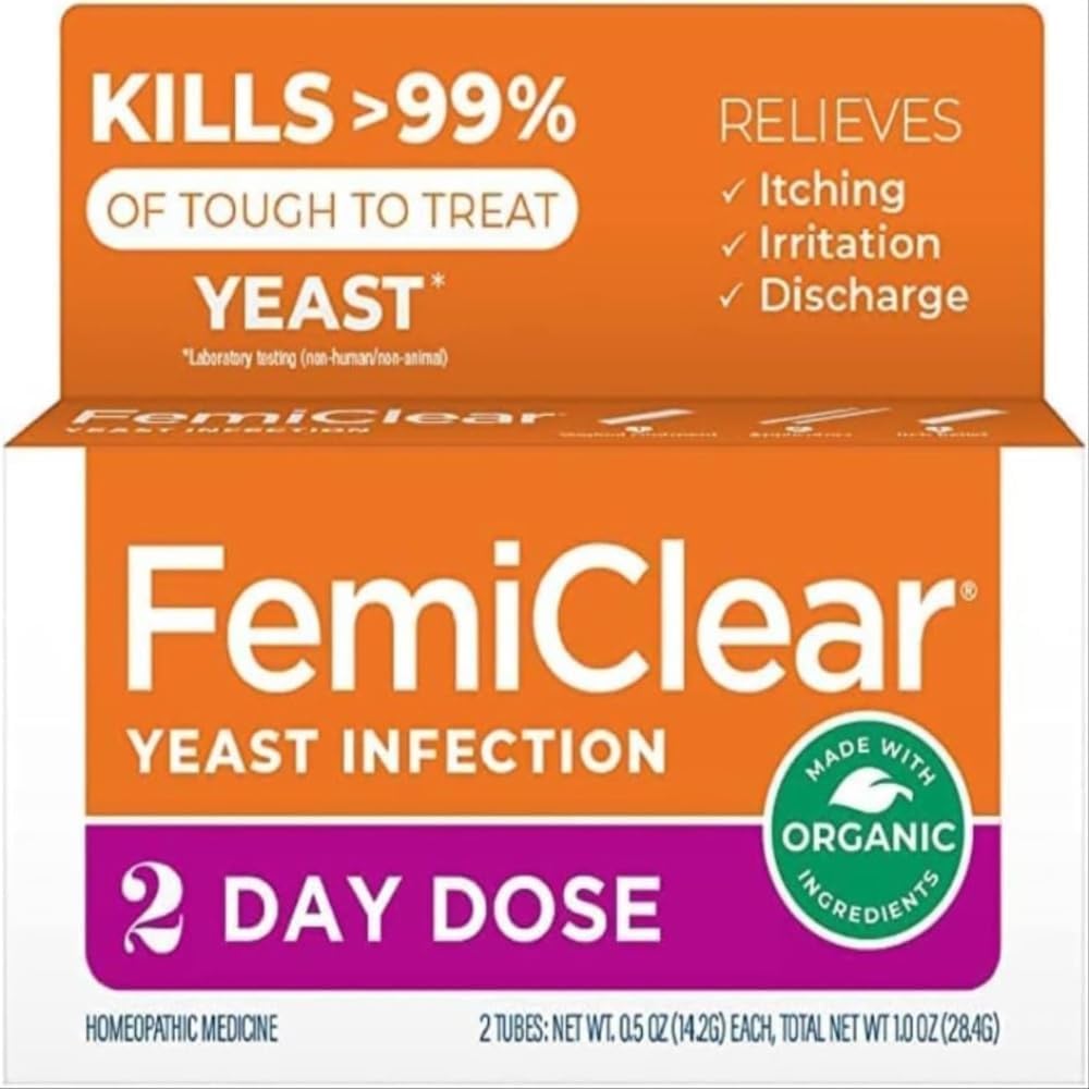 FemiClear Dose de 2 dias Infecção de levedura e coceira de controle de mingau, para sintomas moderados a intensos, feitos com Ingredientes todo-naturais e orgânicos, além de unção externa anti-coceira para o cuidado calmante