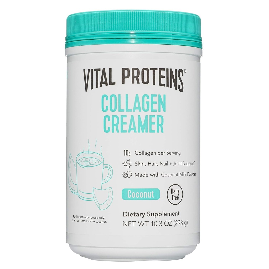 Proteínas Vitais Colágeno Creme de café, Pó de açúcar não lácteo e baixo com Colágeno Peptídeos Suplemento - Suportando Cabelo Saudável, Pele, Unhas com MCTs Energy-Boosting - Coco 10,3 onças