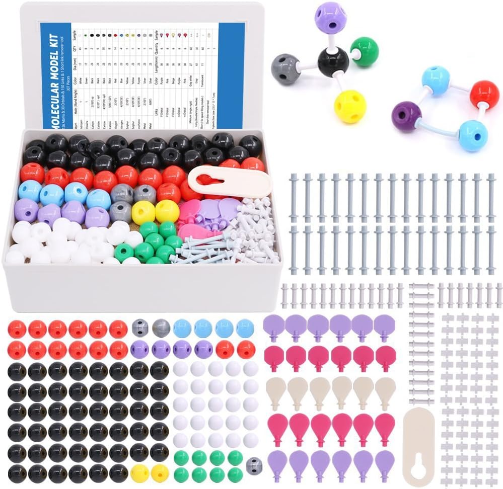 Swpeet 307 Pcs Molecular Model Kit para Química Orgânica e Inorgânica - Química Molecular Model Student and Teacher Set - 126 Átomos & 30 Orbitais & 150 Links & 1 Ferramenta de Remoção de Link Curto