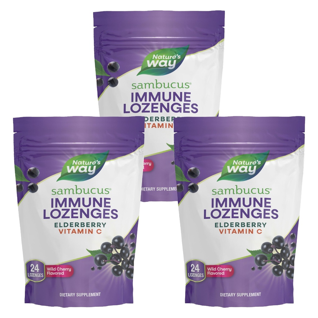 Maneira da natureza Sambucus Imune Lozenges, Vitamina C de alta potência, Elderberry, Wild Cherry Flavored, 24 Lozenges (Packaging May Vary) - 3 Pack