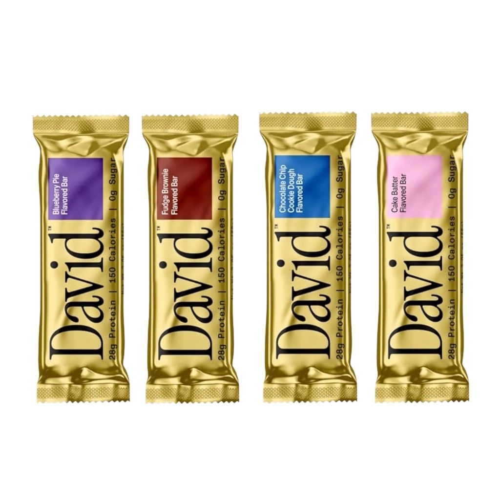 David, barra de proteínas, pacote de amostras, pacote de variedades, pacote de 4 barras de proteínas        . 28g de proteína . 150 calorias . . 0g de açúcar - alta proteína, baixo carbono, Gluten Free Protein Bar