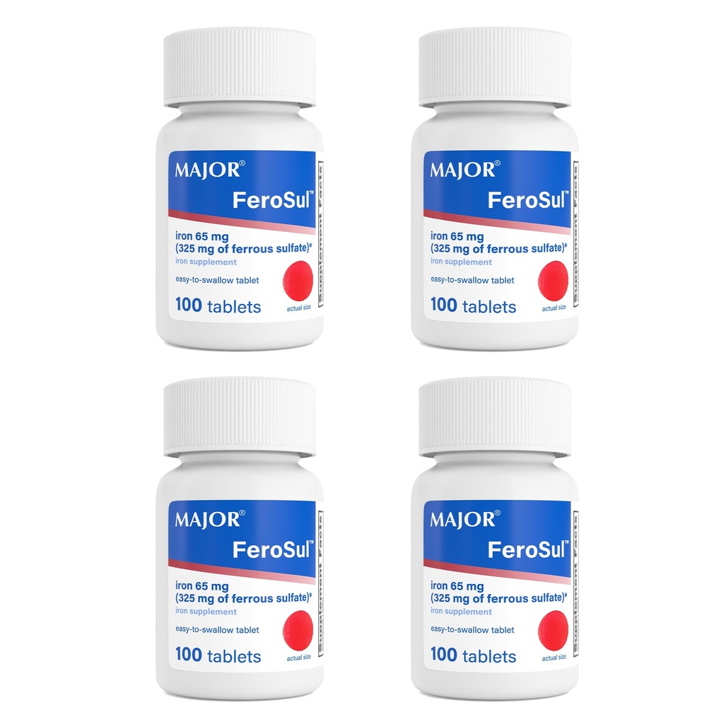 Major FeroSul - Sulfato Ferroso 325 mg Comprimidos - Suplemento de Ferro para Mulheres e Homens - Comprimidos especialmente revestidos Fácil de Sufocar - Vermelho - 100 Count (4 Pack)