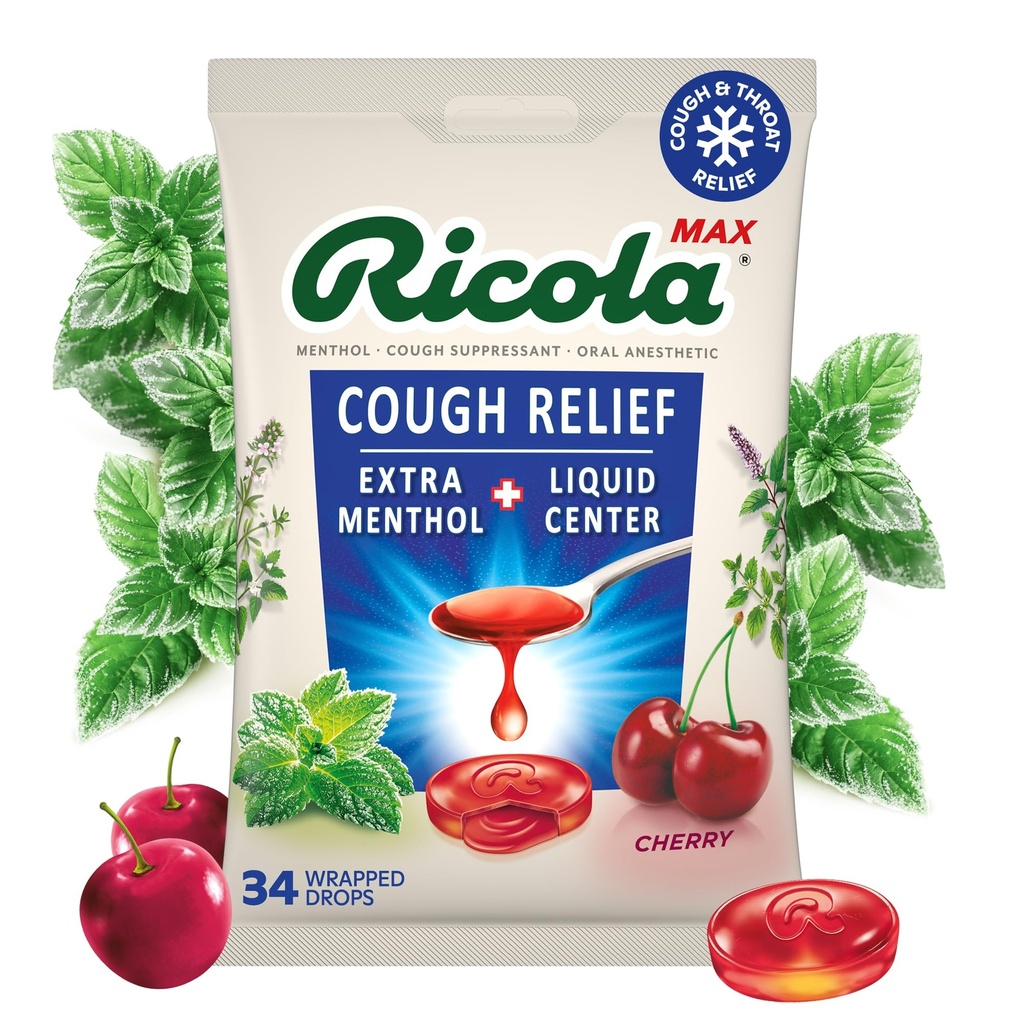 Ricola Max Suíço Garganta de Cereja Care Grande Bolsa □ Tosse Supressant Drops □ Centro Líquido de Ação Dupla