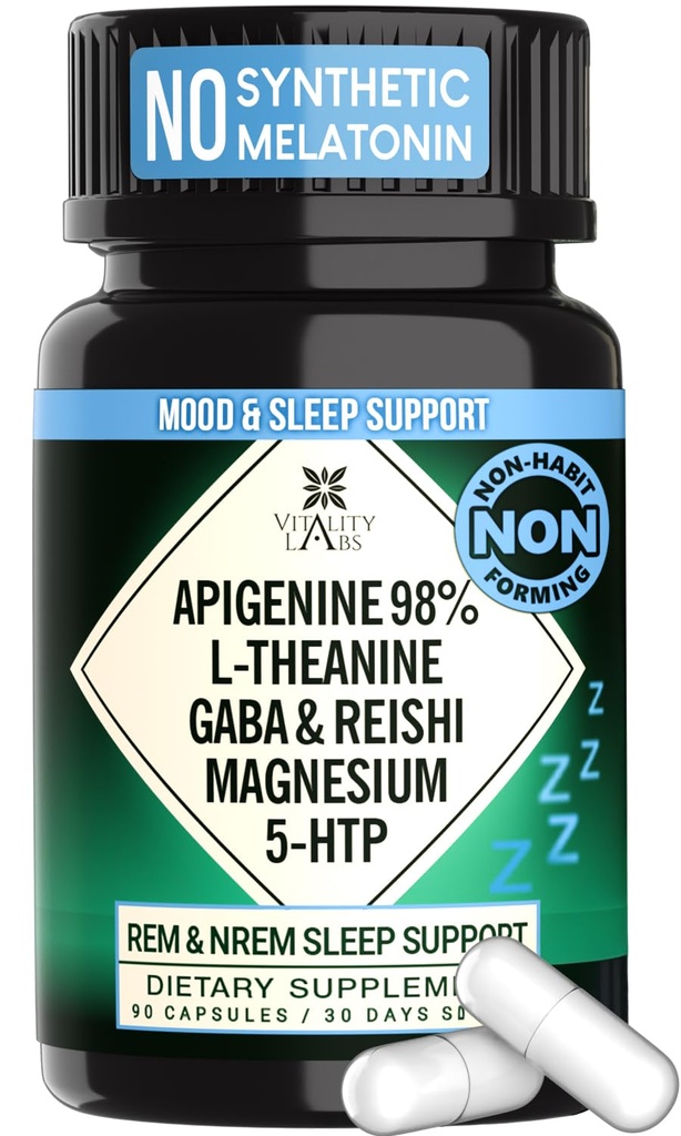 Suplemento natural de ajuda ao sono para adultos sem melatonina - Não-Habit formando sono de ervas - GABA, L-Theanina, Cogumelo Reishi, Apigenin, Glicenato de magnésio, 5-HTP - 90 Cápsulas Vegan