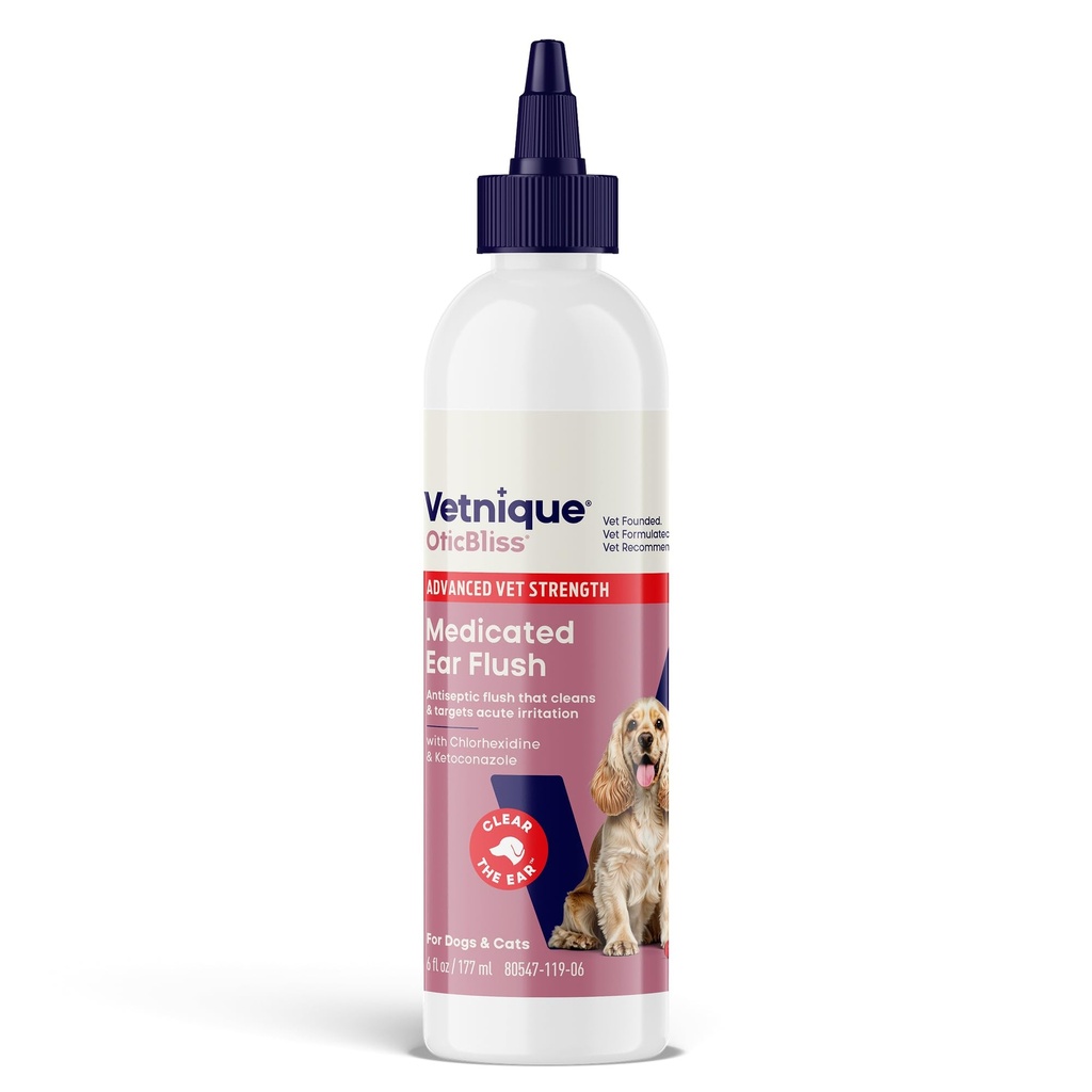 Vetnique Oticbliss Advanced Strength Medicated Dog Ear Infection Treatment, Antiseptic Ear Cleaner for Cat & Dog Ear Cleaning Solution Clorexidina & Ketoconazol (6 oz Flush)