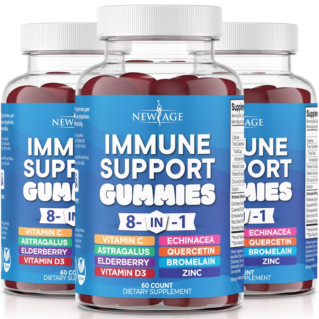 NOVA IDADE 8 em 1 Suplemento de reforço de suporte imunológico com Astragalus Root, Vitamina C e Zinco 50mg, Vitamina D 5000 UI, Quercetina e Bromelaína (8 em 1 chicletes (Pacote de 3))