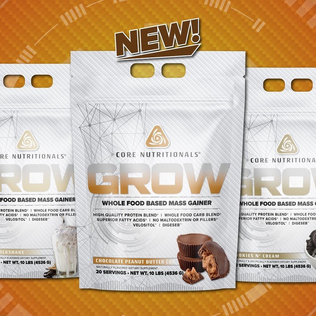 Nutricionais Núcleo Grow Mass Gainer - Mistura de carboidratos de alimentos inteiros + mistura de proteínas - Maltodextrina grátis - 880 calorias, 50g de proteína - 10 libras (Chocolate Peanut Butter Cup)
