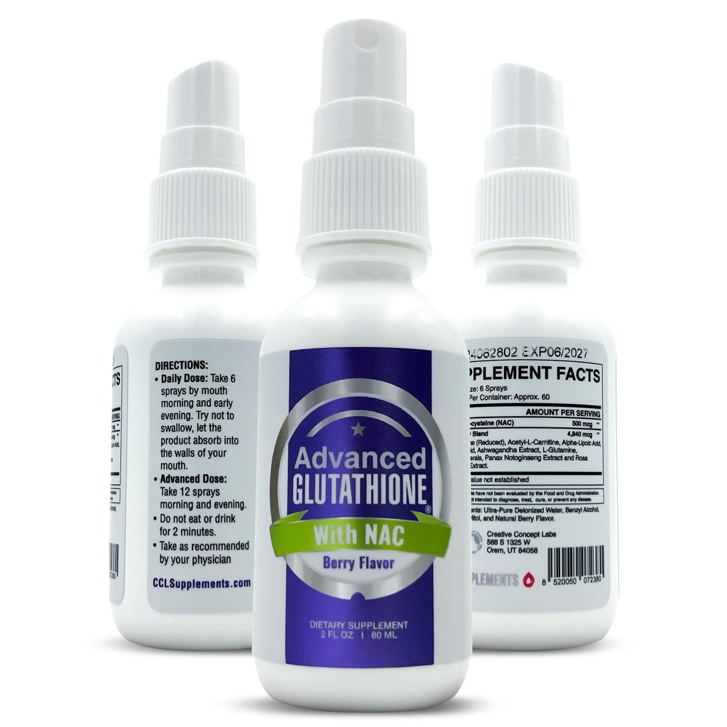 Spray de Glutationa Lipossômico Líquido - Absorção máxima Suplemento de Glutationa com NAC, Ashwagandha, Glutamina, Ácido Ascórbico - Uso Fácil Sublingual - Suporte Imune & Detox - 2 onças