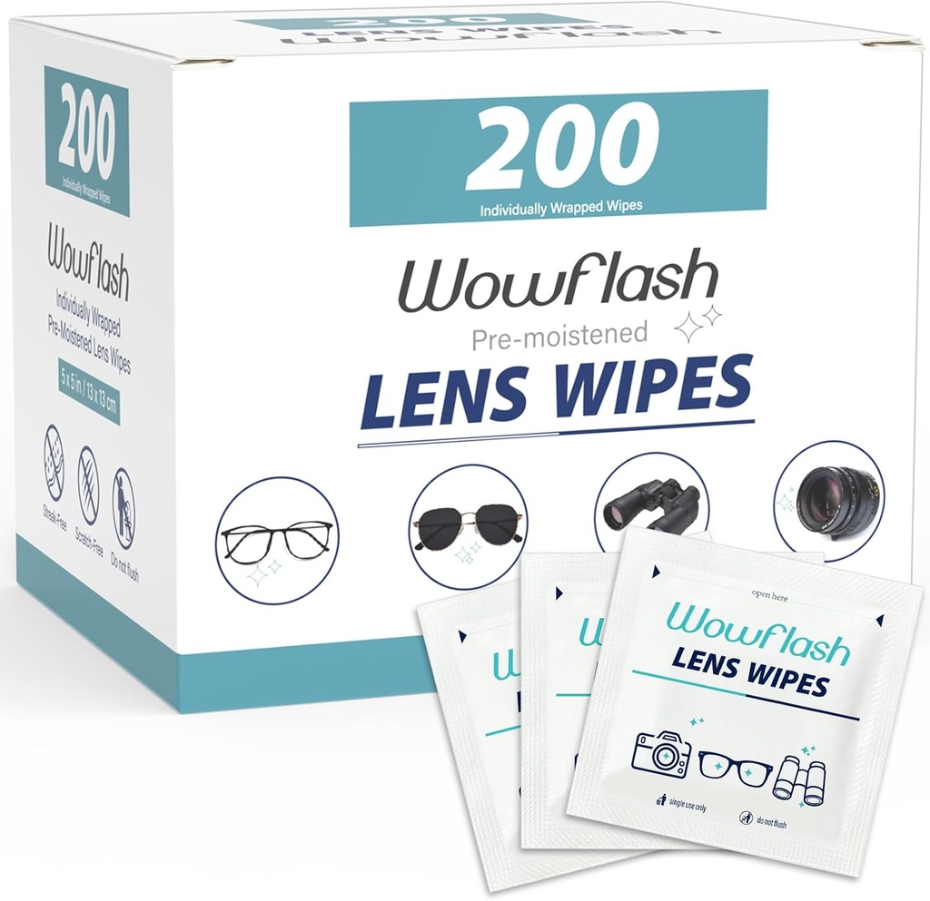 200 Count Lens Wipes para óculos, Eyeglass Lens Cleaning Wipes Pre-umed Individualmente Envolto Streak-Free Óculos Oculares Limpador Wipes para óculos de sol, lente de câmera, óculos